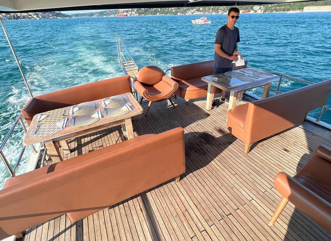 Comfortable deck of a yacht cruising the Bosphorus, Bosphorus view, Istanbul
